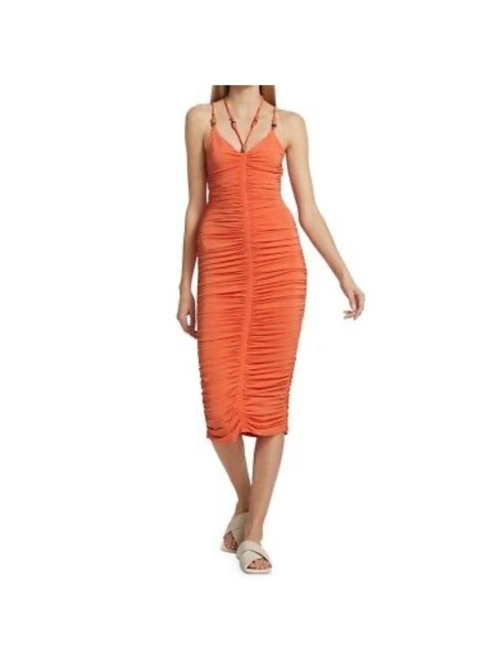A.L.C. Allegra Ruched Embellished Halter Bodycon Sangria Orange Midi Dress Small - Picture 3 of 16
